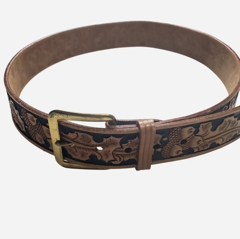 Vintage Looper Western Tooled Belt Womens 33.5" X 1.5" Brown Brass Buckle 70s